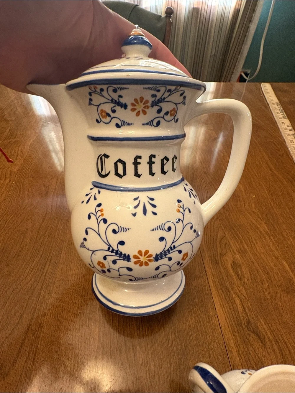 Hand-Painted Blue & Cream Ceramic Coffee Set with Sugar, Creamer & Napkin Holder